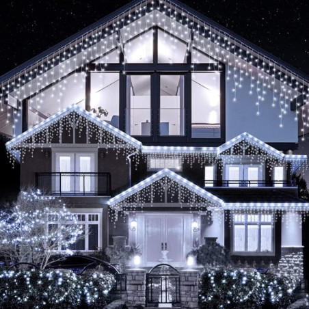 Instalație perdea ploaie 5m lungime x 1m înălțime, 240 LED-uri, alb, interconectabilă, fir alb, LED colorat, en-gros