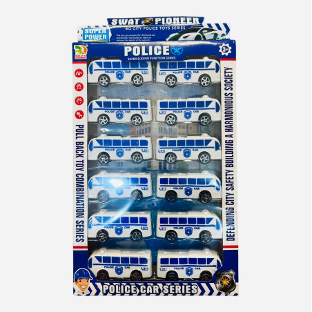Set 12 autobuze de politie Swat Pioneer, 40×22×3.5cm, alb-albastru, +3ani, en-gros