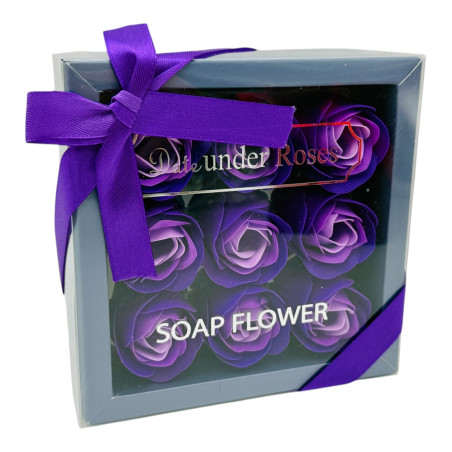 Aranjament floral, 9 trandafiri de sapun, culori combinate, ambalate premium, 14x14x4.5 cm ENGROS