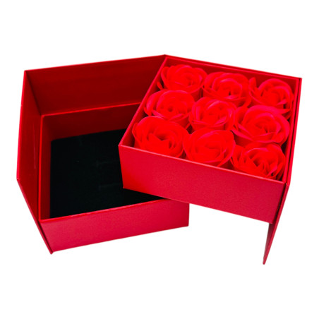Aranjament floral,Cutie Cadou Premium cu 9 Trandafir de Sapun, Compartiment și Punguta Asortata, 11,5x11,5x9,5 cm ENGROS