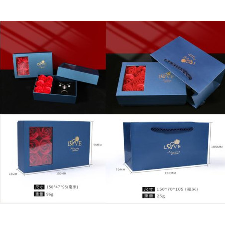 Set cadou engros, aranjament floral cu 6 trandafiri de sapun, compartiment pentru cadouri si punguta premium