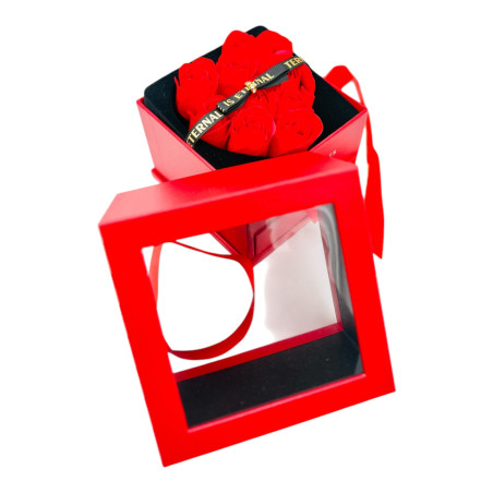 Set cadou engros, aranjament floral cu 9 trandafiri de sapun, bratara decorativa si punguta premium