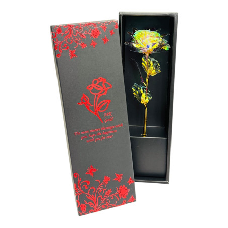 Trandafir holografic aurit in cutie eleganta cu design floral, dimensiuni 27x10x7 cm – Cadou simbolic pentru vanzare engros