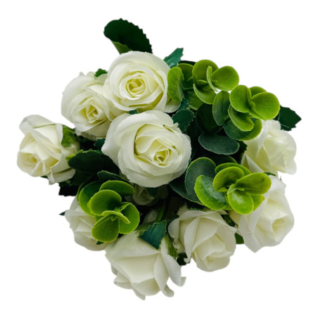 Buchet cu11 trandafiri albi si frunze de eucalipt, un singur fir, 29cm, calitate superioara, en-gros