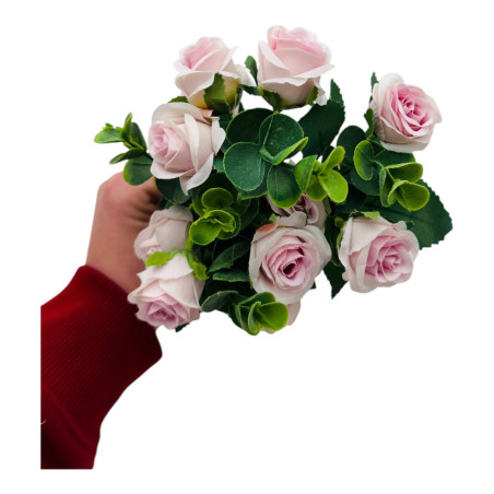 Buchet cu11 trandafiri lila si frunze de eucalipt , un singur fir, 29cm, calitate superioara, en-gros