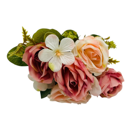 Buchet artificial deosebit cu 5 bujori si 3 flori de eucalipt cu frunze si boboci, roz+ crem, 29cm, calitate superioara, en-gros