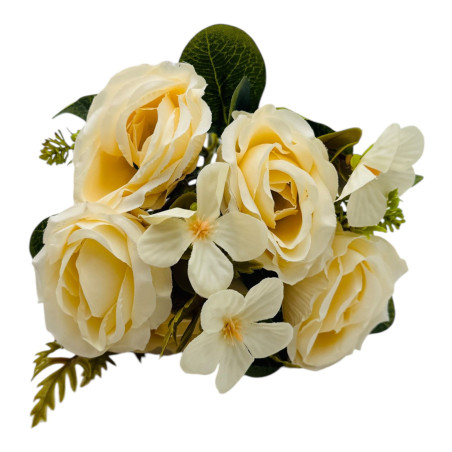 Buchet artificial deosebit cu 5 bujori si 3 flori de eucalipt cu frunze si boboci, crem, 29cm, calitate superioara, en-gros