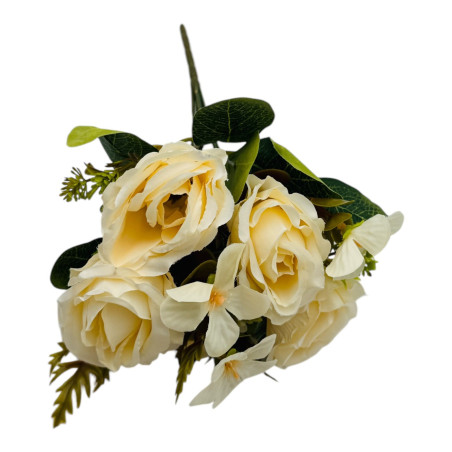 Buchet artificial deosebit cu 5 bujori si 3 flori de eucalipt cu frunze si boboci, crem, 29cm, calitate superioara, en-gros