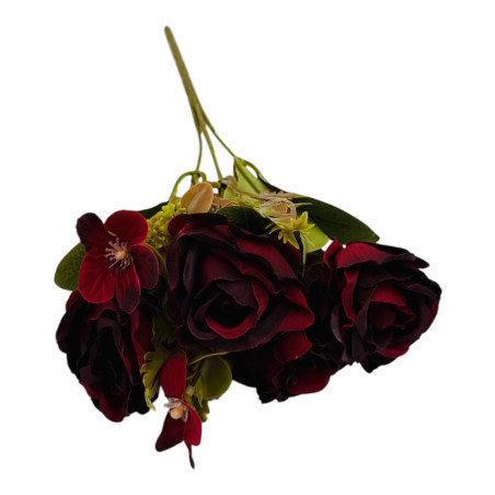 Buchet artificial deosebit cu 5 bujori si 3 flori de eucalipt cu frunze si boboci, visiniu, 29cm, calitate superioara, en-gros