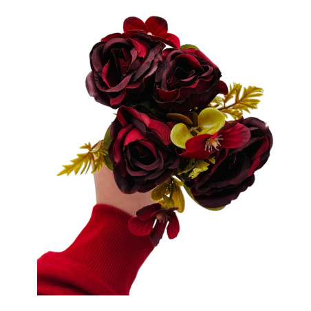 Buchet artificial deosebit cu 5 bujori si 3 flori de eucalipt cu frunze si boboci, visiniu, 29cm, calitate superioara, en-gros