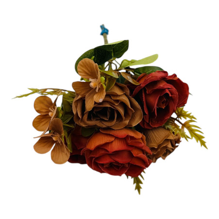 Buchet artificial deosebit cu 5 bujori si 3 flori de eucalipt cu frunze si boboci, grena+maro,29cm, calitate superioara, en-gros