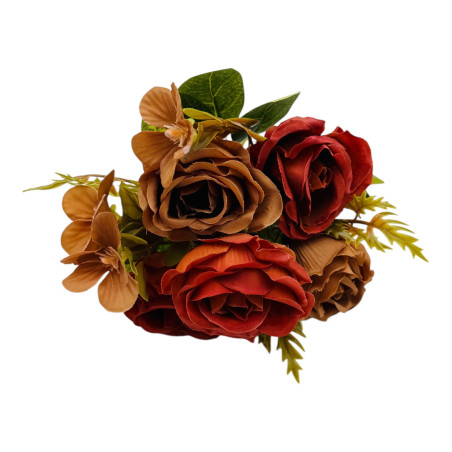 Buchet artificial deosebit cu 5 bujori si 3 flori de eucalipt cu frunze si boboci, grena+maro,29cm, calitate superioara, en-gros