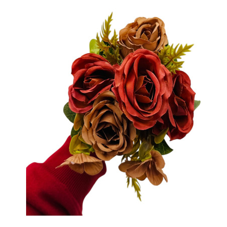 Buchet artificial deosebit cu 5 bujori si 3 flori de eucalipt cu frunze si boboci, grena+maro,29cm, calitate superioara, en-gros