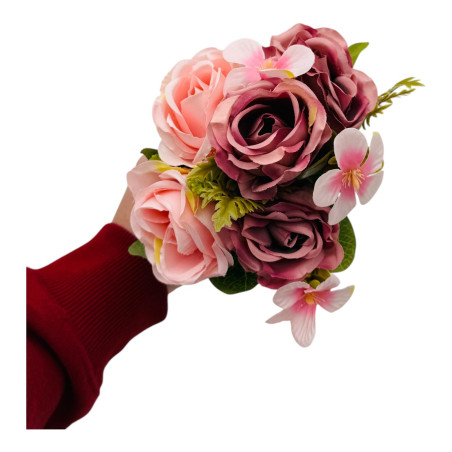 Buchet artificial deosebit cu 5 bujori si 3 flori de eucalipt cu frunze si boboci, roz+ lila, 29cm, calitate superioara, en-gros