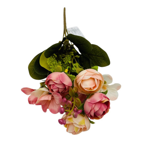 Buchet artificial deosebit cu 6 bujori, 10 flori de camelie si bulbi, un singur fir, 29cm,roz+crem, en-gros