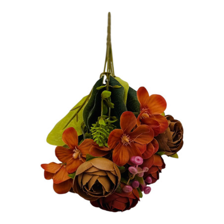 Buchet artificial deosebit cu 6 bujori, 10 flori de camelie si bulbi, un singur fir, 29cm, maro, en-gros