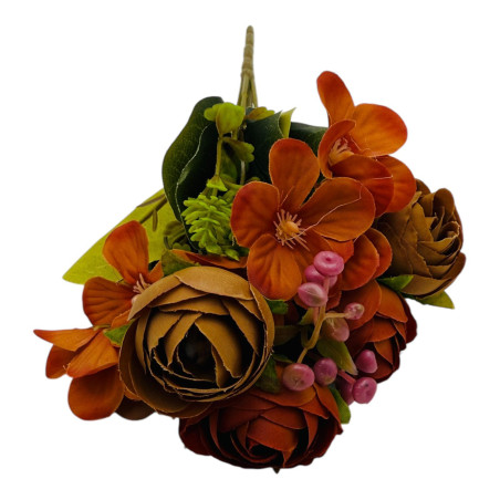 Buchet artificial deosebit cu 6 bujori, 10 flori de camelie si bulbi, un singur fir, 29cm, maro, en-gros