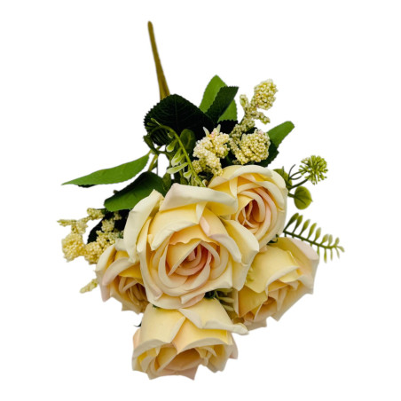Buchet artificial elegant cu 5 trandafiri si boboci flori diverse, un singur fir, 30cm, crem, en-gros