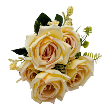 Buchet artificial elegant cu 5 trandafiri si boboci flori diverse, un singur fir, 30cm, crem, en-gros