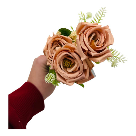 Buchet artificial elegant cu 5 trandafiri si boboci flori diverse, un singur fir, 30cm, maro, en-gros