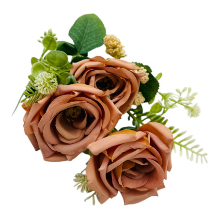 Buchet artificial elegant cu 5 trandafiri si boboci flori diverse, un singur fir, 30cm, maro, en-gros
