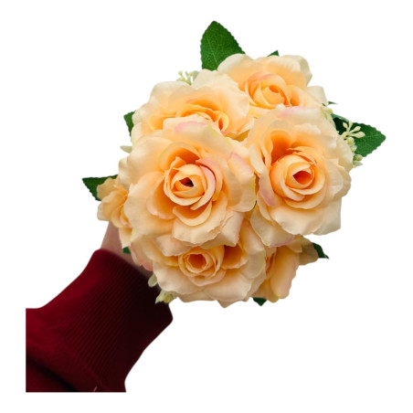 Buchet artificial deosebit cu 7 trandafiri si crengute de eucalipt cu boboci, un singur fir, 30cm, portocaliu, en-gros