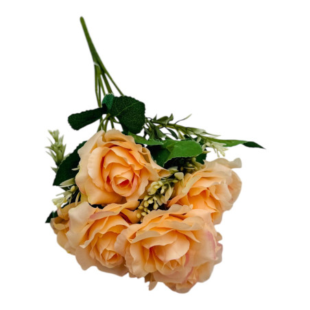 Buchet artificial deosebit cu 7 trandafiri si crengute de eucalipt cu boboci, un singur fir, 30cm, portocaliu, en-gros