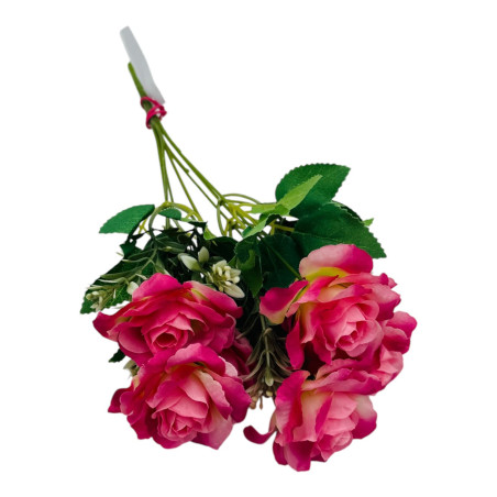 Buchet artificial deosebit cu 7 trandafiri si crengute de eucalipt cu boboci, un singur fir, 30cm, roz+mov, en-gros