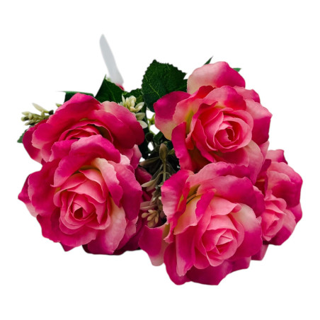 Buchet artificial deosebit cu 7 trandafiri si crengute de eucalipt cu boboci, un singur fir, 30cm, roz+mov, en-gros