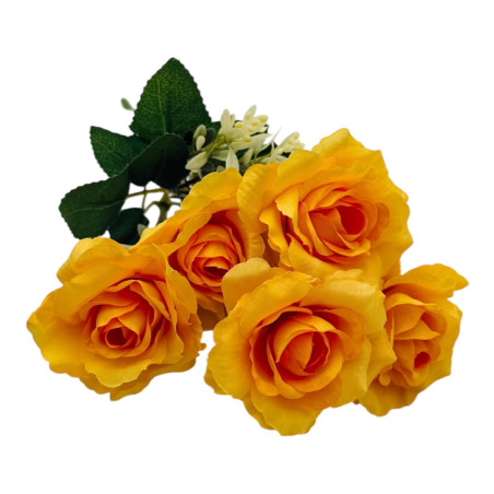 Buchet artificial deosebit cu 7 trandafiri si crengute de eucalipt cu boboci, un singur fir, 30cm, galben, en-gros