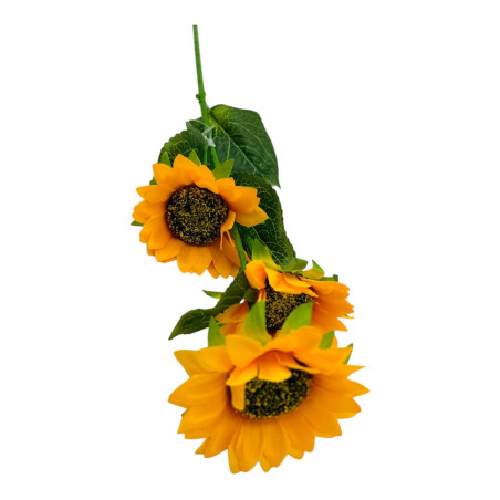 Buchet Floarea- Soarelui artificiala, 3 flori, un singur fir, 62 cm, galben intens, en-gros