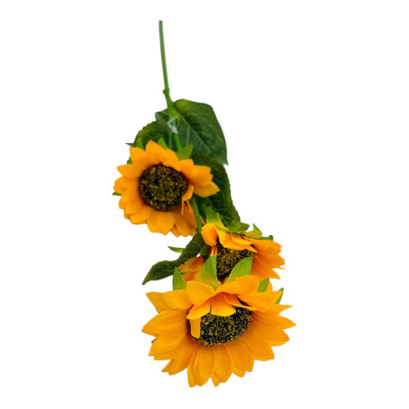 Buchet Floarea- Soarelui artificiala, 3 flori, un singur fir, 62 cm, galben intens, en-gros