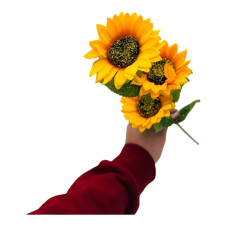Buchet Floarea- Soarelui artificiala, 3 flori, un singur fir, 62 cm, galben intens, en-gros