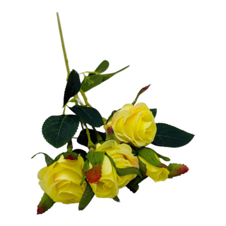 Buchet artificial elegant cu 3 trandafiri si 2 boboci, 44cm, un singur fir, calitate superioara, galben, en-gros