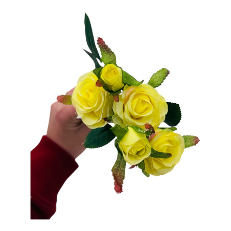 Buchet artificial elegant cu 3 trandafiri si 2 boboci, 44cm, un singur fir, calitate superioara, galben, en-gros