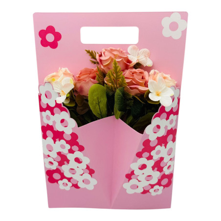 Aranjament floral deosebit cu Buchet de Trandafiri si flori de camelie, diverse culori, 34×23cm, en-gros