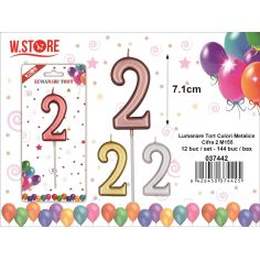 Lumanare pentru Tort Cifra 2, culori metalice, M155, 7.1cm