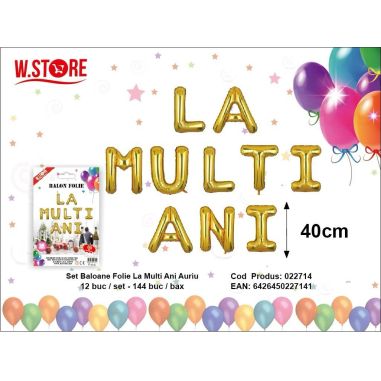 Set baloane din folie LA MULTI ANI, auriu, 40cm
