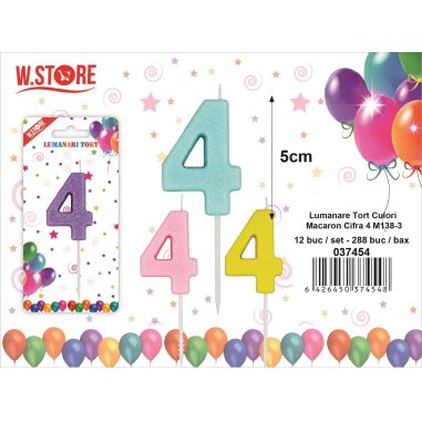 Lumanare pentru Tort Cifra 4, M138-3, culori macaron, 5cm