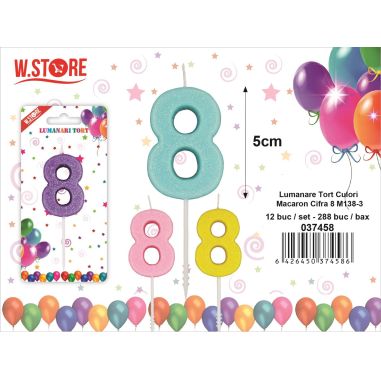 Lumanare pentru Tort Cifra 8, M138-3, culori macaron, 5cm