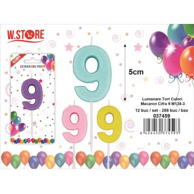 Lumanare pentru Tort Cifra 9, M138-3, culori macaron, 5cm
