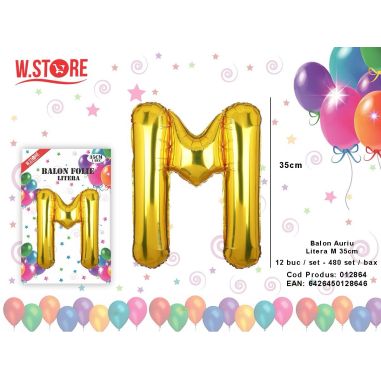 Balon litera M din folie metalizata, auriu, 35cm