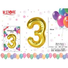 Balon cifra 3 din folie metalizata, auriu, 35cm