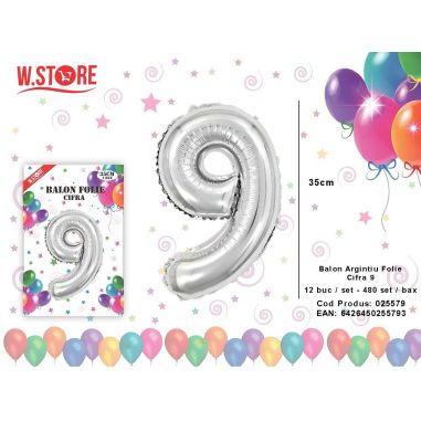 Balon cifra 9 din folie metalizata, argintiu, 35cm