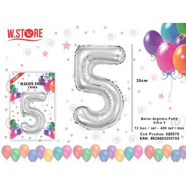 Balon cifra 5 din folie metalizata, argintiu, 35cm
