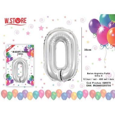 Balon cifra 0 din folie metalizata, argintiu, 35cm