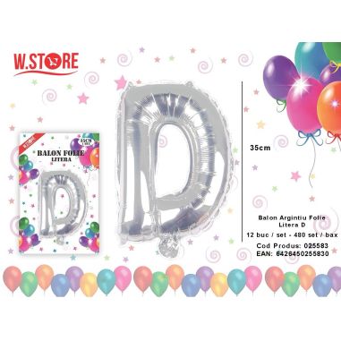 Balon litera D din folie metalizata, argintiu, 35cm