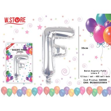 Balon litera F din folie metalizata, argintiu, 35cm