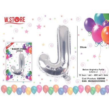 Balon litera J din folie metalizata, argintiu, 35cm