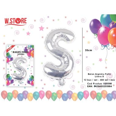 Balon litera S din folie metalizata, argintiu, 35cm